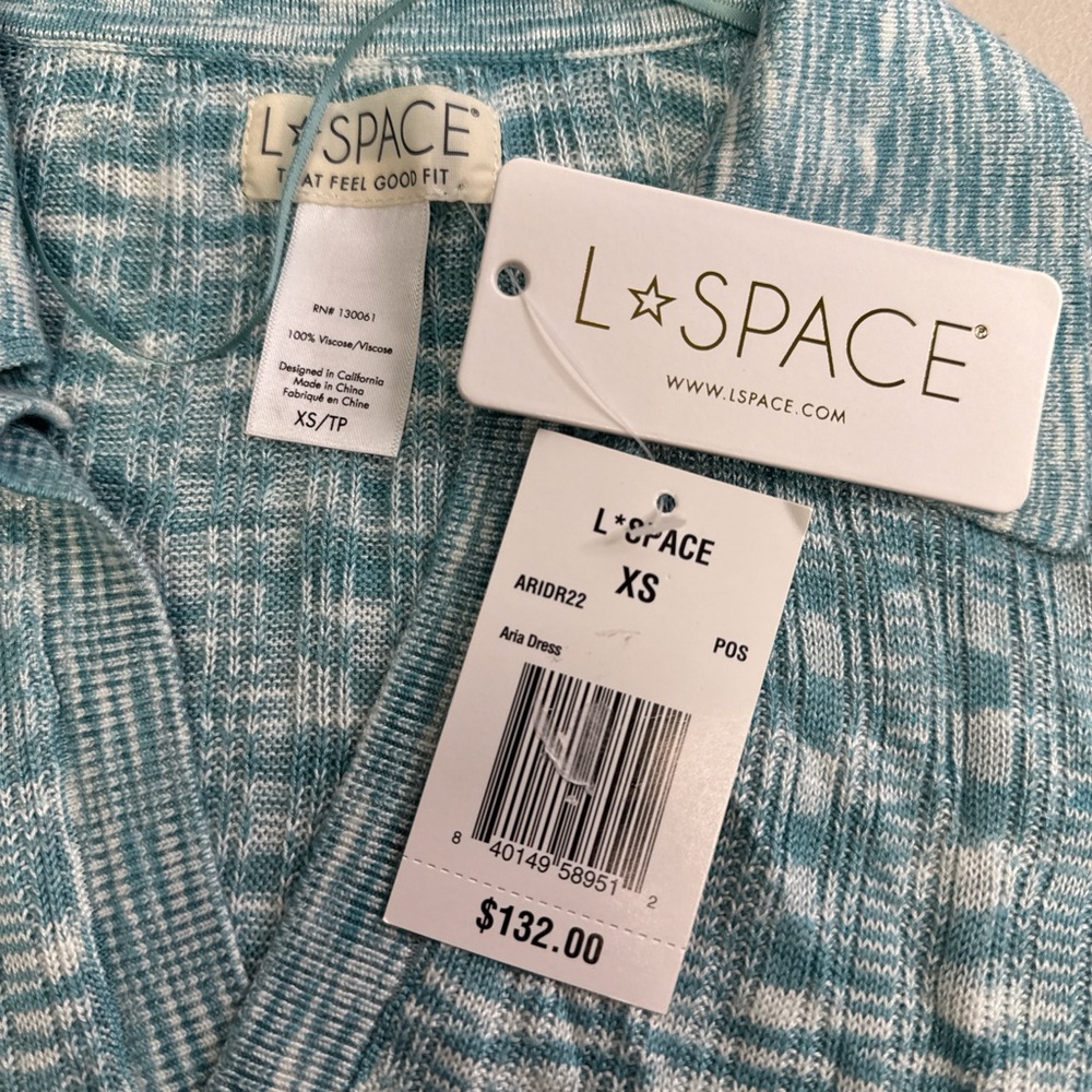 L*Space Aria Long Sleeve V Neck Mini Knit Dress Poolside Blue Size XS NWT $132